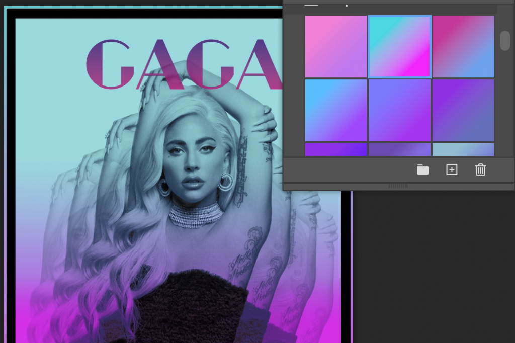 A screenshot of adobe photoshop. depicting a Lady Gaga poster with a bright gradient alongside other listed gradient options.