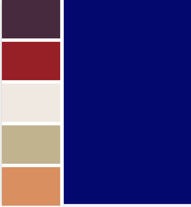 A vertical display palette of dark blue, dark purple, red, cream, tan, and light orange.