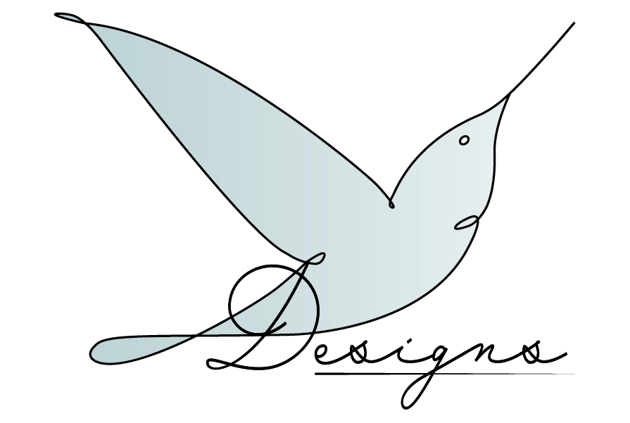 A minimalist drawing of a hummingbird in profile using one line. The hummingbird has one white circle for an eye. It is colored in gray-green and white gradient. Below, the word 'Designs' is tied in with the tail of the bird, making a hidden cursive 'A' and 'L'